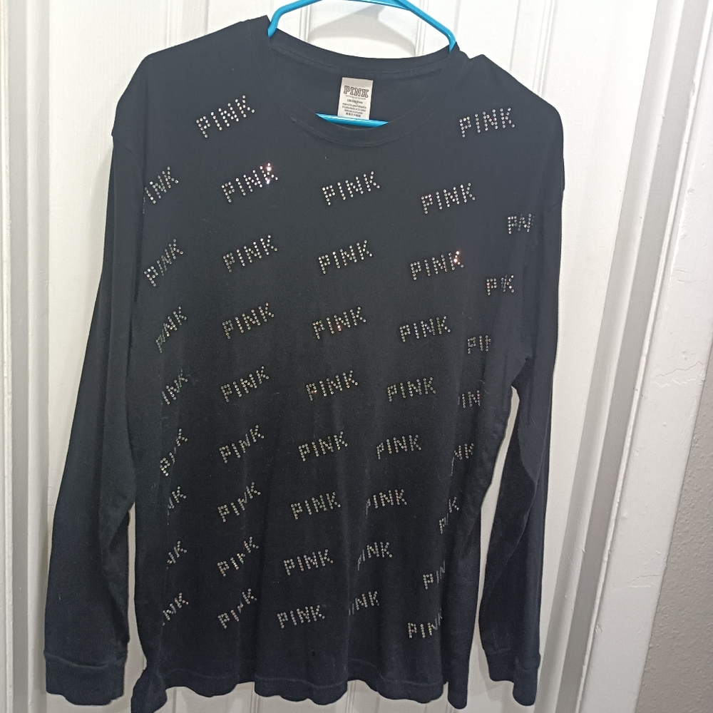 Size Large PINK by VS Women's Long Sleeve Black Sequin Shirt